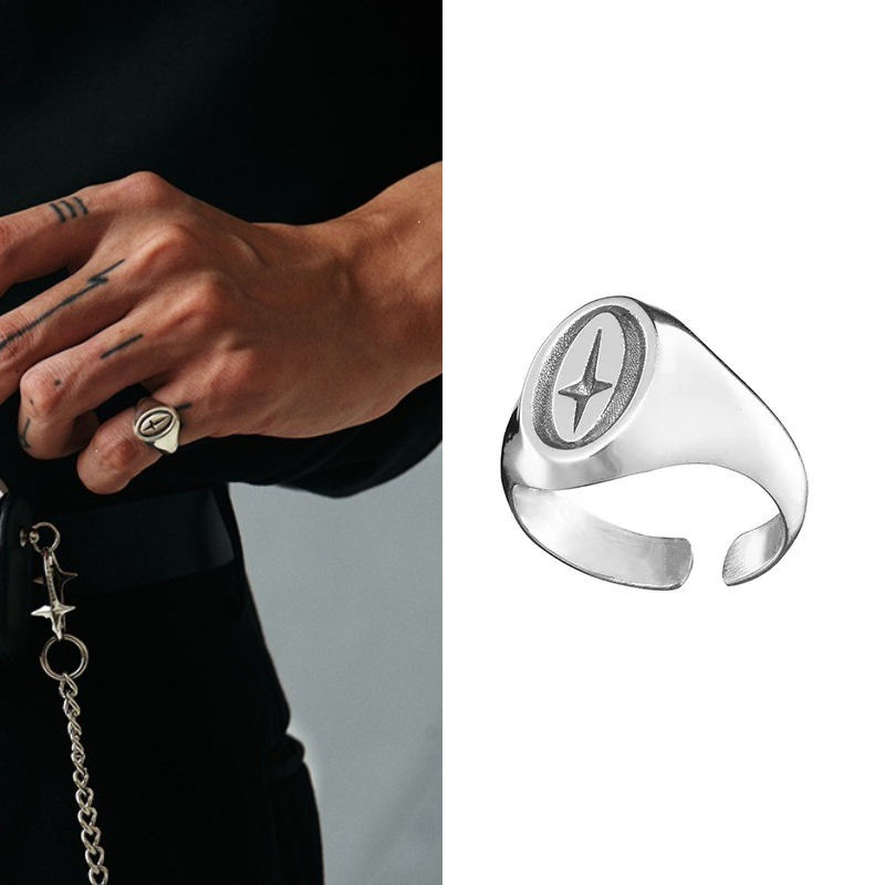 Mens Signet Ring - Minimalistischer Nordstern-Siegelring, offener, verstellbarer Fingerring für