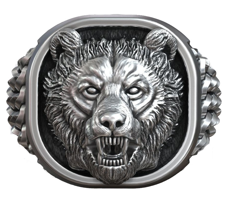 Mens Signet Ring - 22g Wikinger-Bärenkopf Nordisches Ornament Antikes Siegel