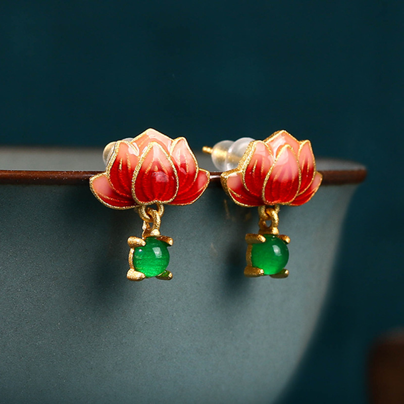 Luxury Gifts Jewelry & Watches Namfleg Mostar - Grüne echte Jade Lotus Ohrringe Stein