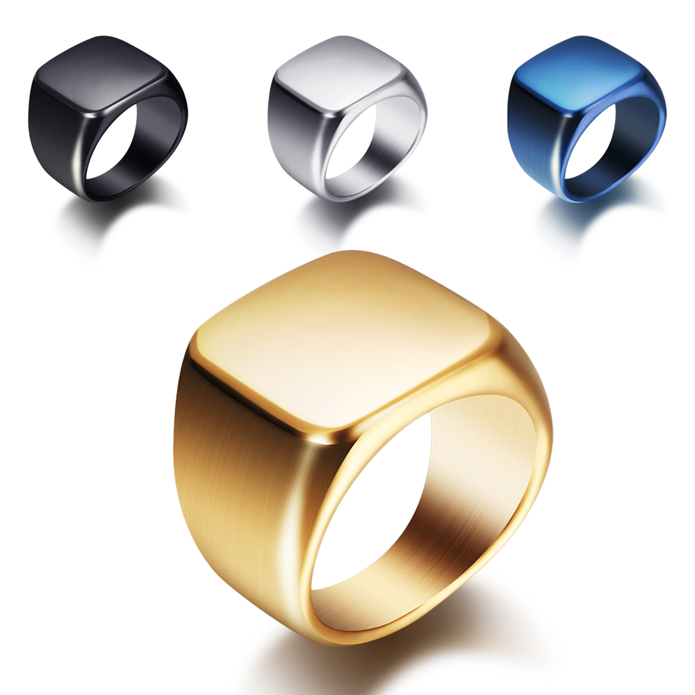 Mens Signet Ring - Freie Gravur neue Silber/Gold/Schwarz/Blau Quadrat große