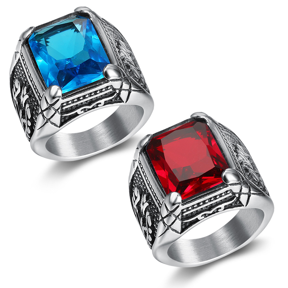 Mens Signet Ring - Silber farbe Männer rot blau Semi-Wertvolle