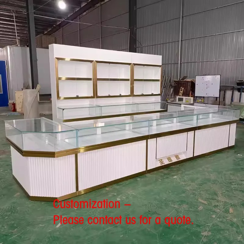 Shop Jewelry & Watches Near Me - Maßgefertigte Glas-Schmuckvitrine Schmuck-Inselvitrine mit LED-Beleuchtung Hölzerne